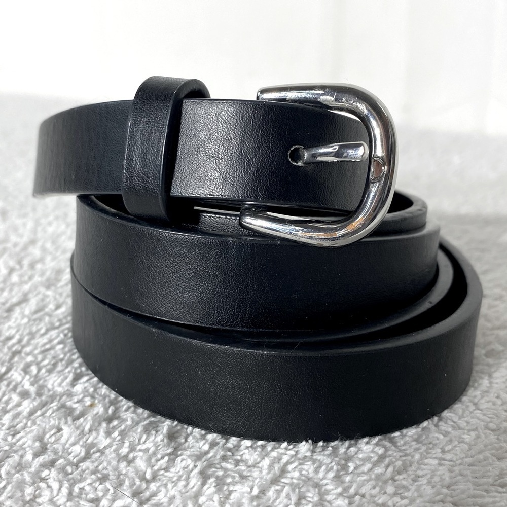 5/$25 Skinny Black Faux Leather Belt with Silver Buckle